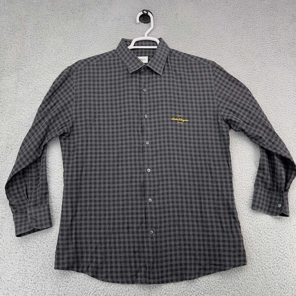 Salvatore Ferragamo Firenze XL Gray Check 3/4 Sleeve Cotton Shirt Made In Italy